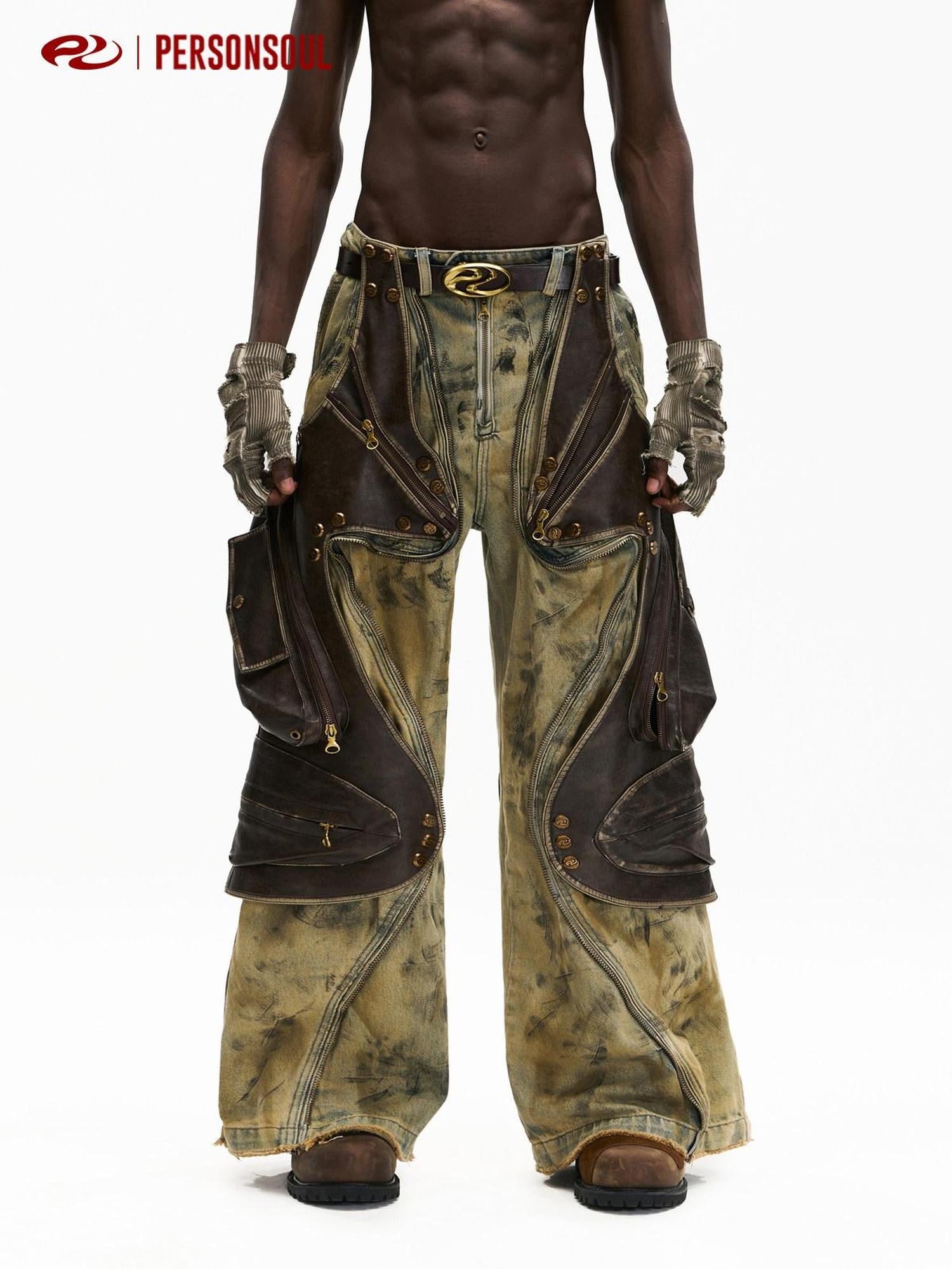 PERSONSOUL Detachable Leather Tactical Patchwork Washed Women's Denim Wide-leg Jeans