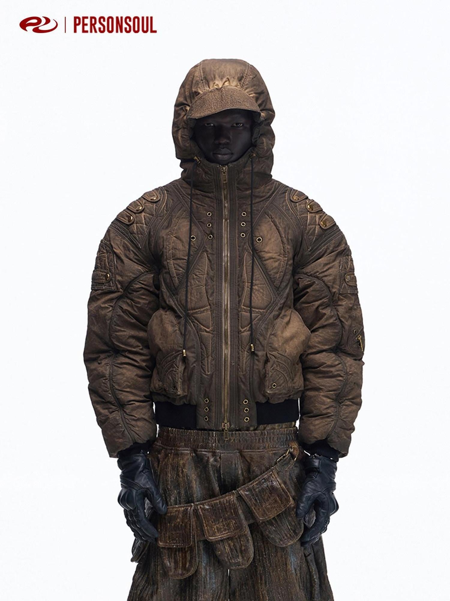 PERSONSOUL Dip Dye Hooded Metal Patch Pockets Ribbed Hem Women's Polyester Puffer Jackets