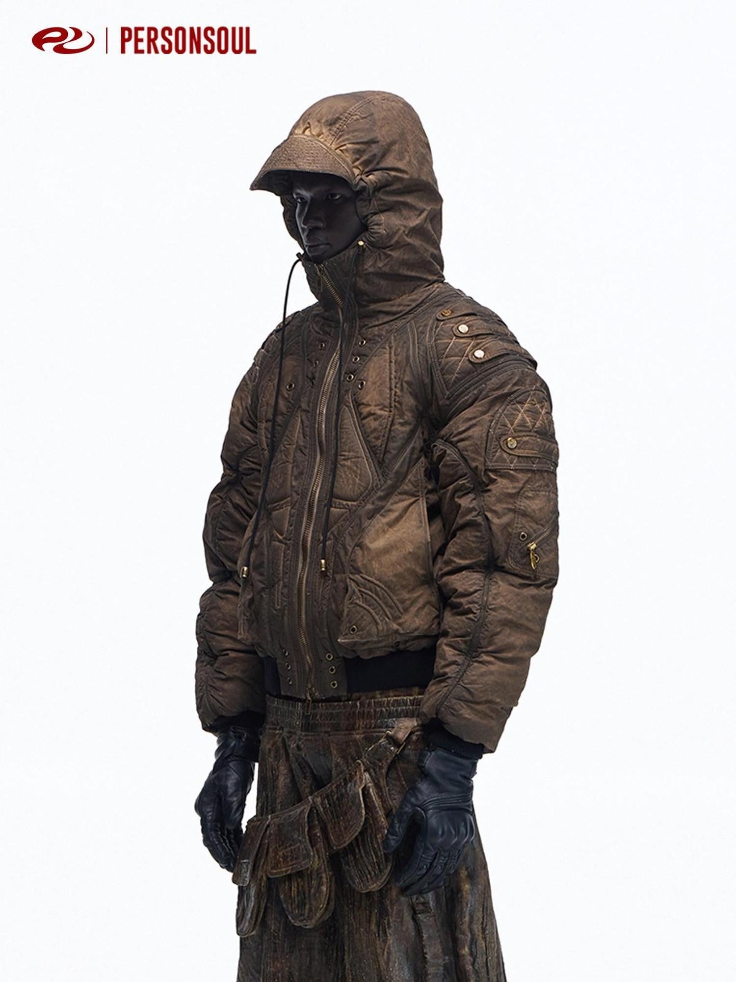 PERSONSOUL Dip Dye Hooded Metal Patch Pockets Ribbed Hem Women's Polyester Puffer Jackets