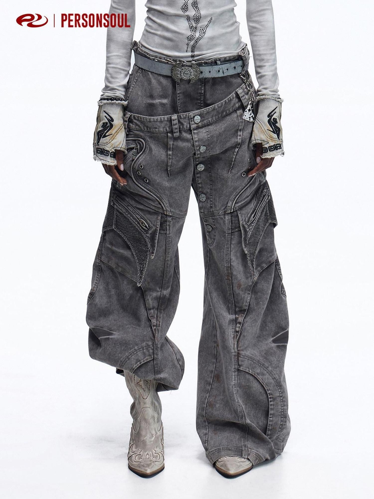 PERSONSOUL Distressed Double Waist Patchwork 3d Tailored Women's Corduroy Wide-leg Pants
