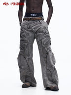 PERSONSOUL Distressed Double Waist Patchwork 3d Tailored Women's Corduroy Wide-leg Pants