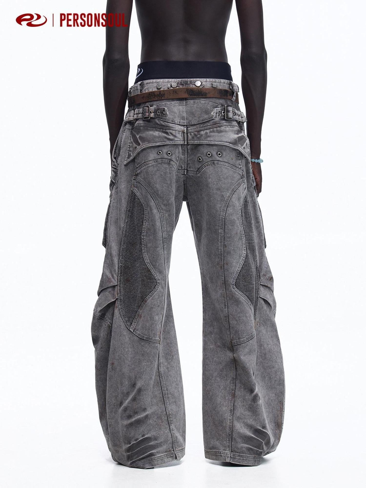 PERSONSOUL Distressed Double Waist Patchwork 3d Tailored Women's Corduroy Wide-leg Pants