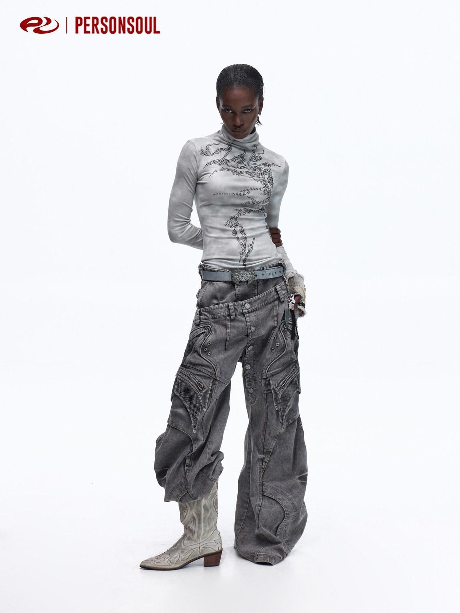 PERSONSOUL Distressed Double Waist Patchwork 3d Tailored Women's Corduroy Wide-leg Pants