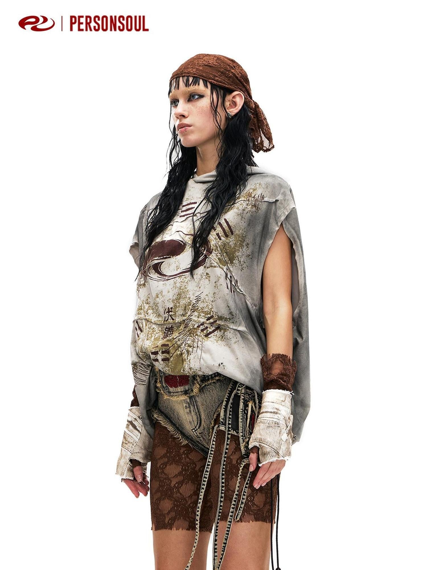 PERSONSOUL Distressed Embroidered Hooded Sleeveless Loose Women's Cotton Hoodies