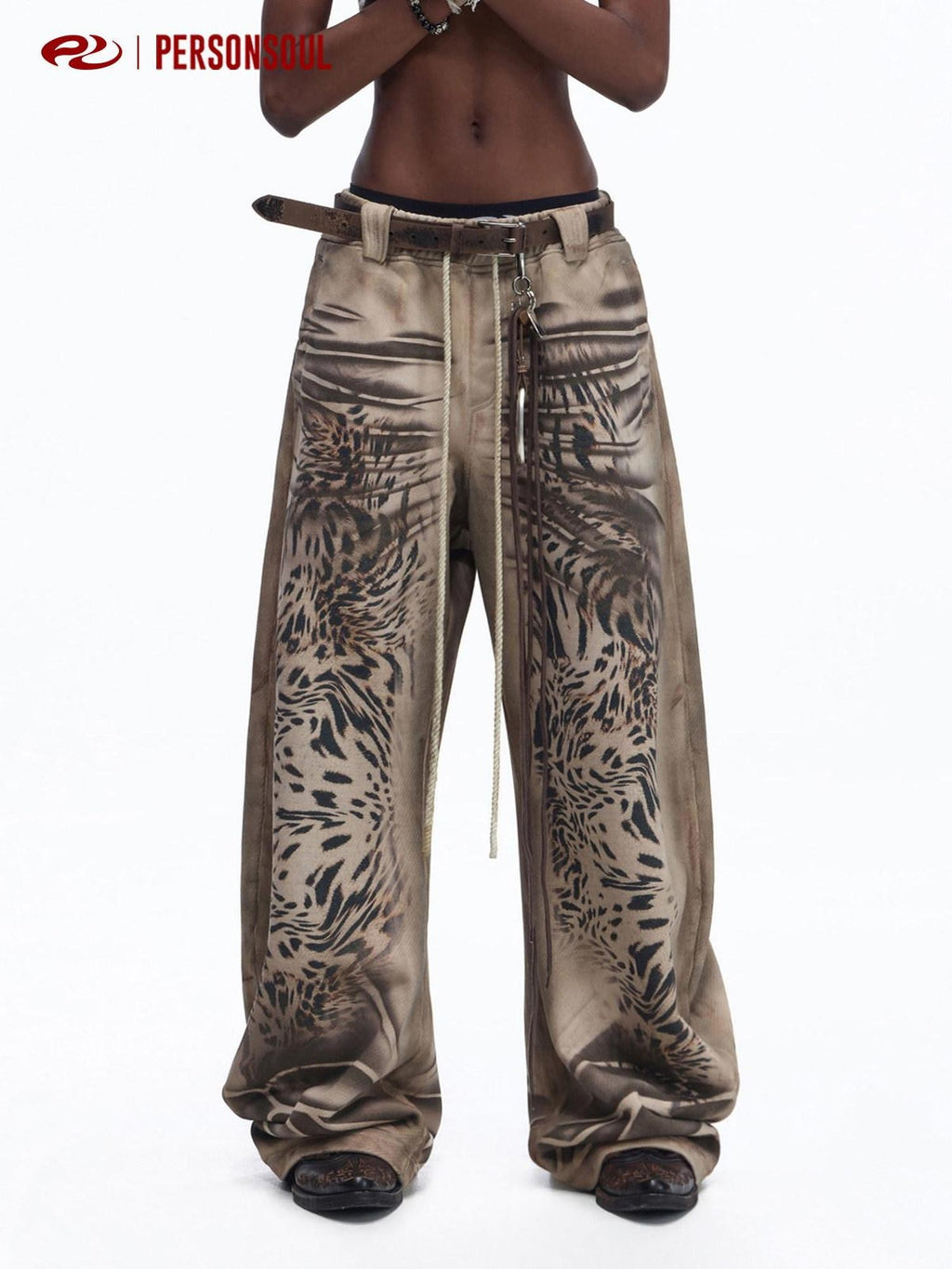 PERSONSOUL Distressed Tiger Print Asymmetrical Women's Cotton Wide Leg Sweatpants/joggers