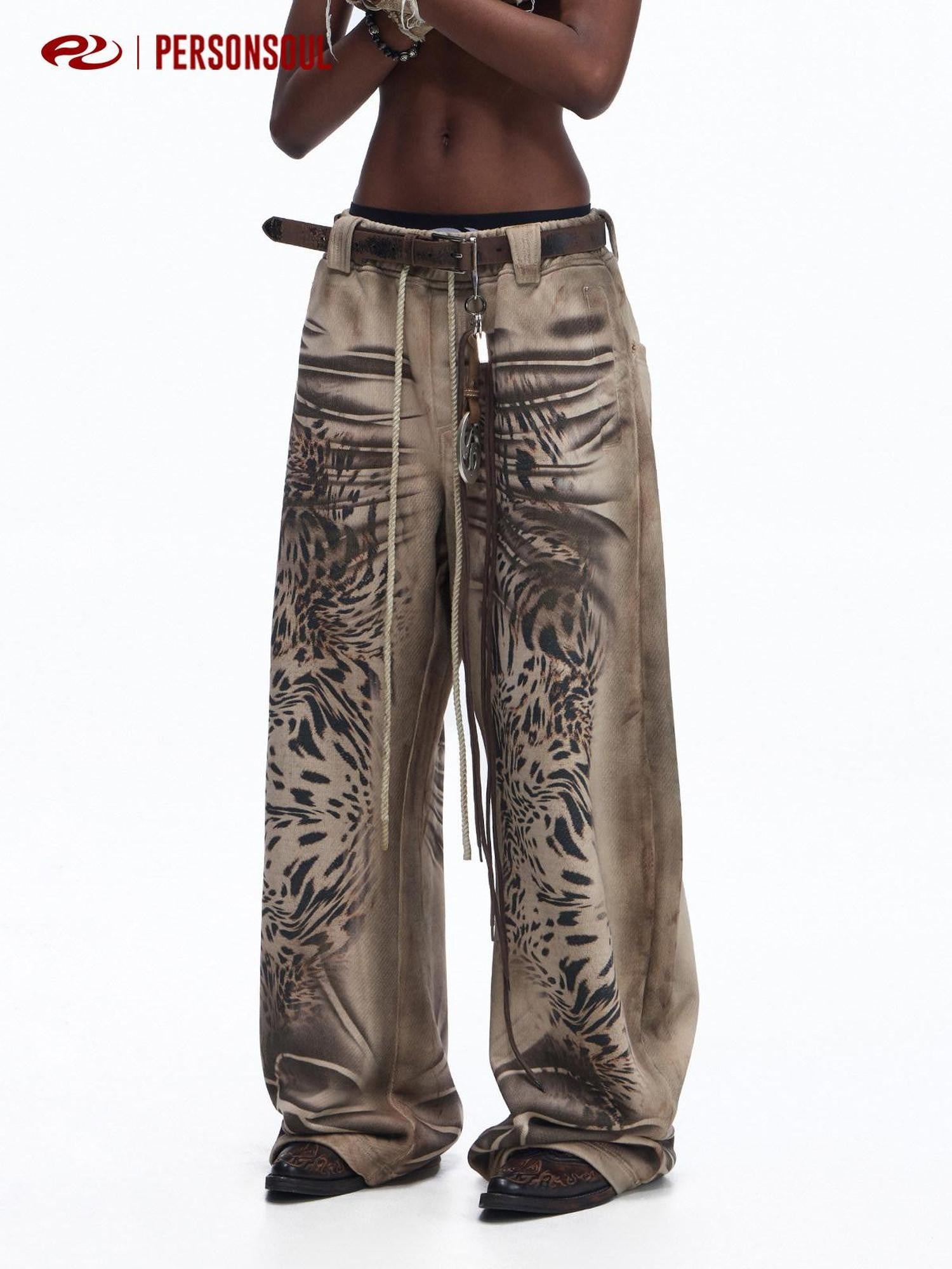 PERSONSOUL Distressed Tiger Print Asymmetrical Women's Cotton Wide Leg Sweatpants/joggers