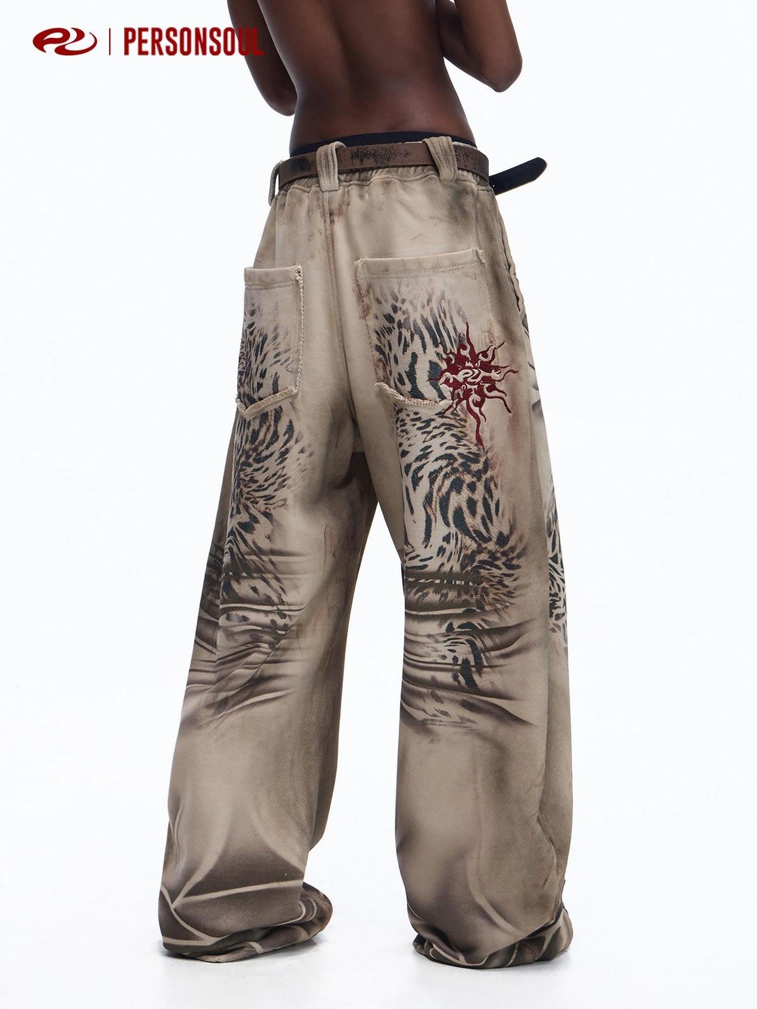 PERSONSOUL Distressed Tiger Print Asymmetrical Women's Cotton Wide Leg Sweatpants/joggers