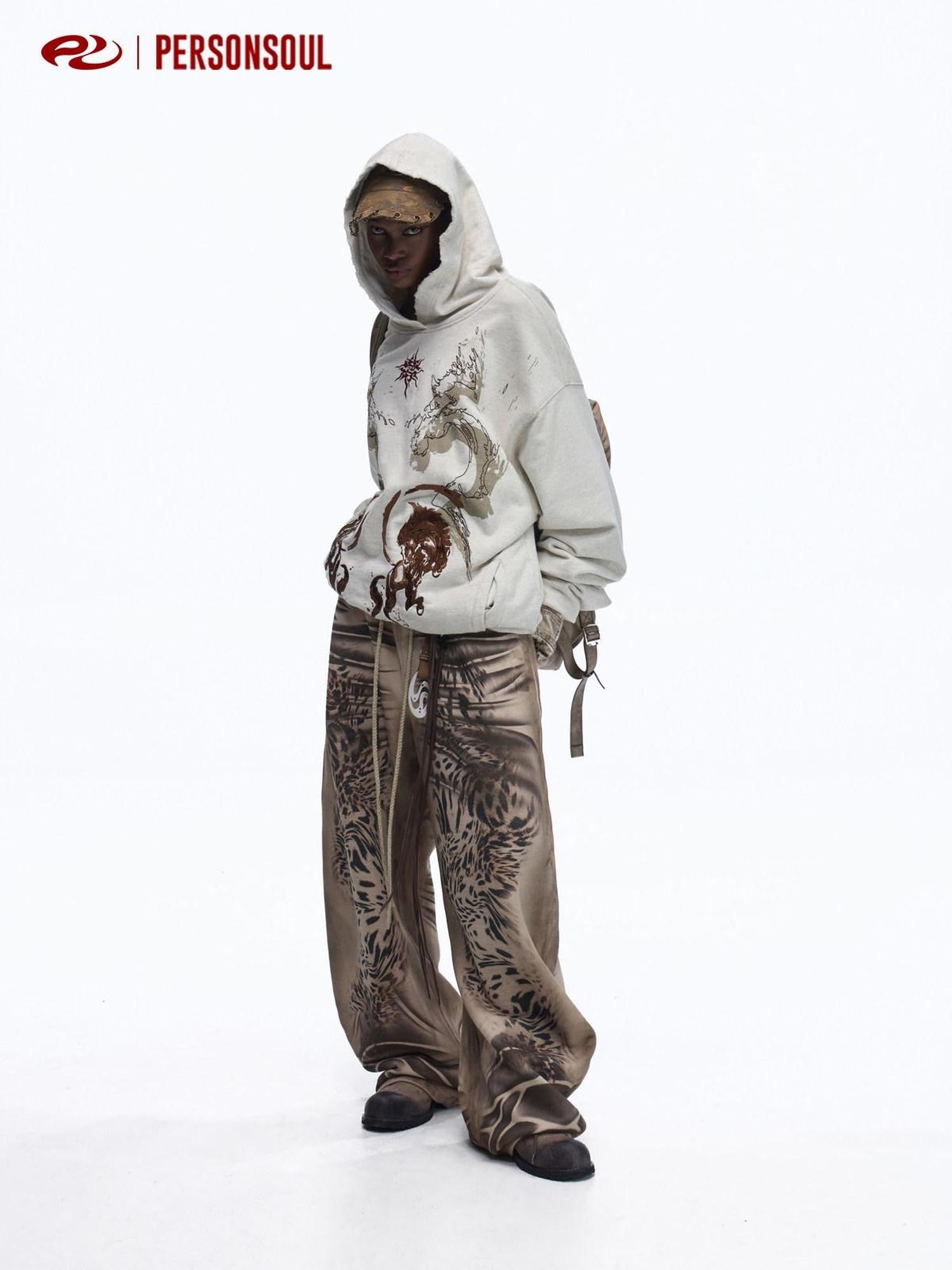 PERSONSOUL Distressed Tiger Print Asymmetrical Women's Cotton Wide Leg Sweatpants/joggers