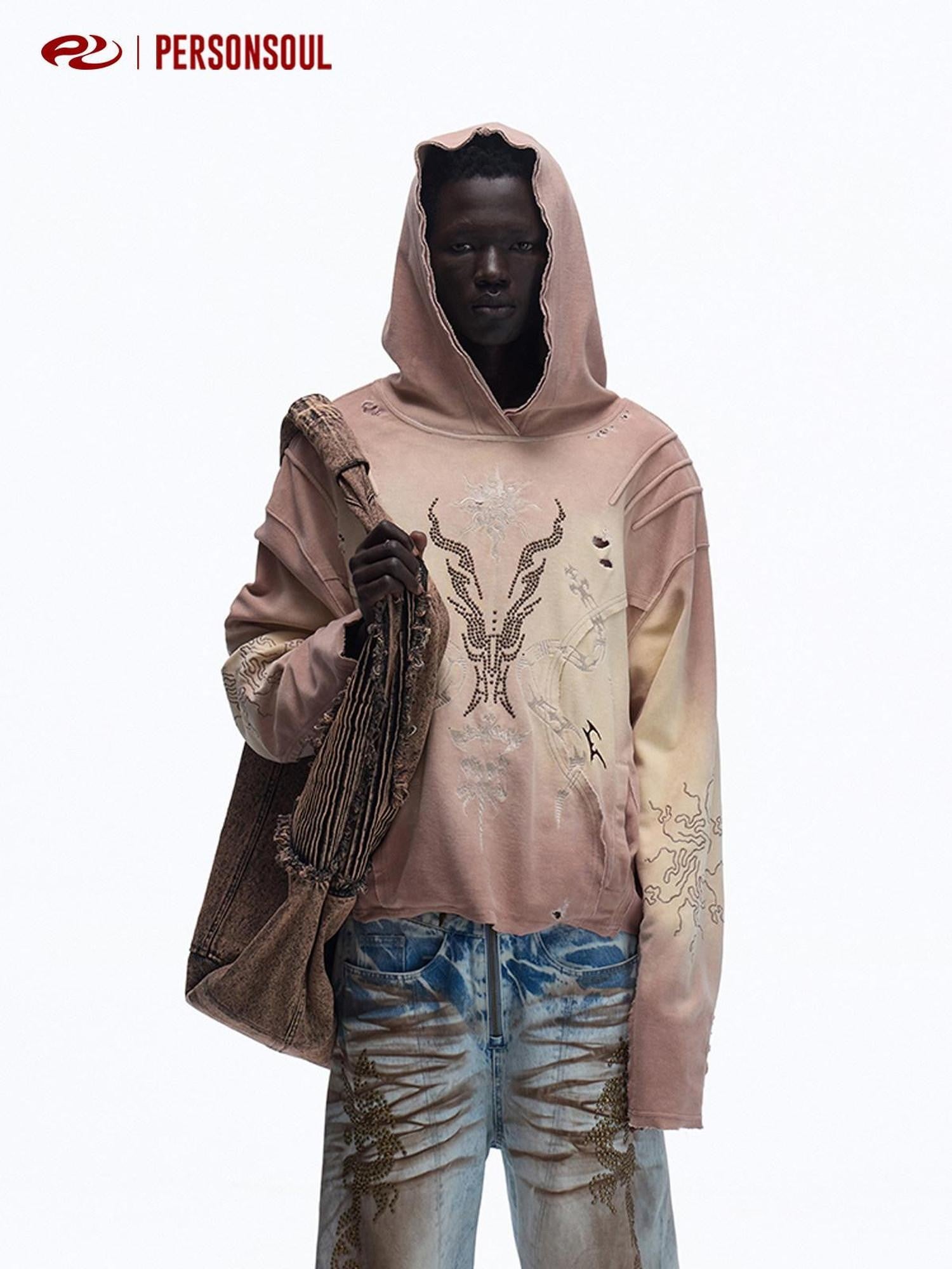 PERSONSOUL Embroidered Deer Oxidized Distressed Ethnic Women's Cotton Hoodies