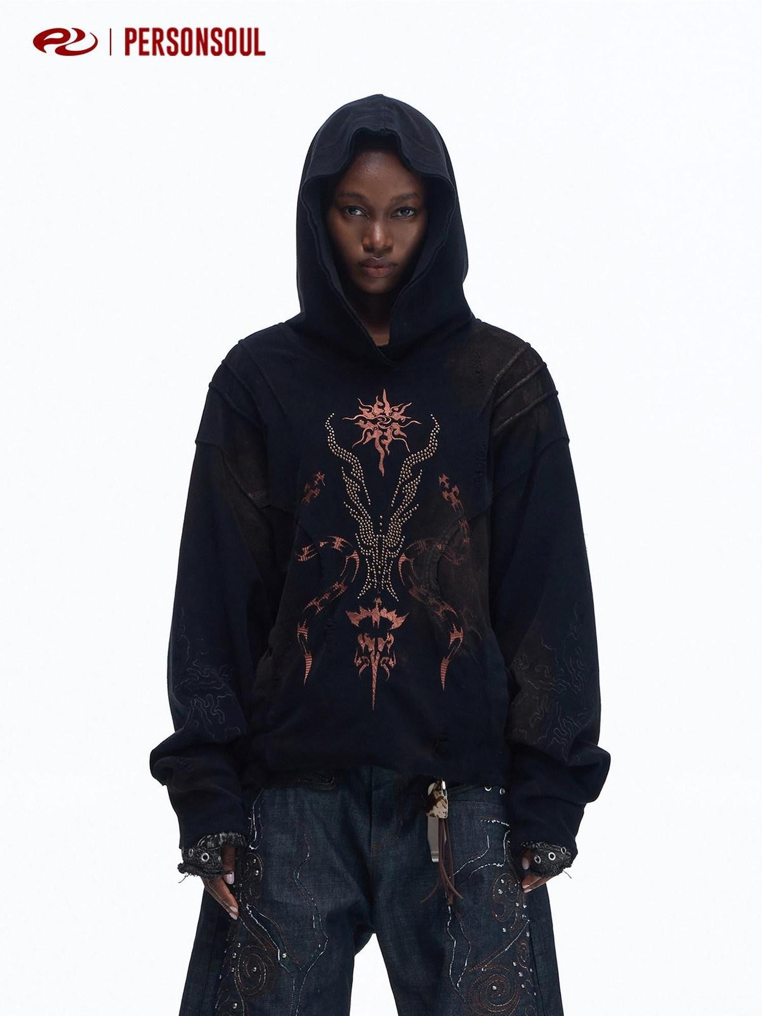 PERSONSOUL Embroidered Deer Oxidized Distressed Ethnic Women's Cotton Hoodies