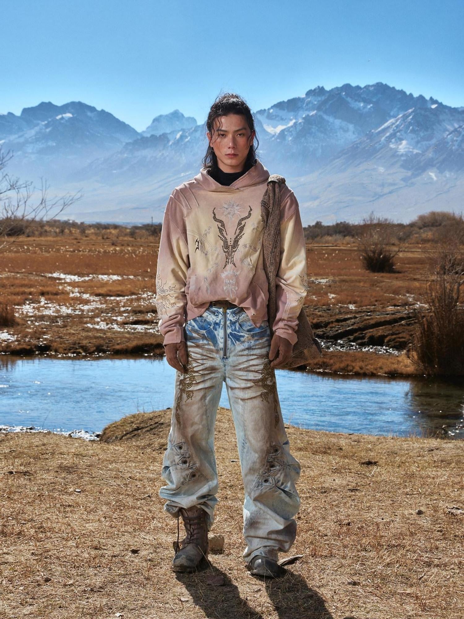PERSONSOUL Embroidered Deer Oxidized Distressed Ethnic Women's Cotton Hoodies