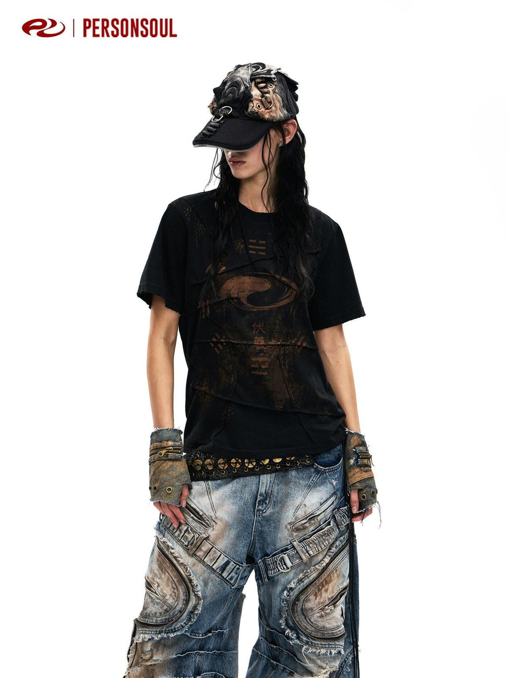 PERSONSOUL Fuxi Bagua Thunder Print Women's Cotton Washed Short Sleeve T-shirts