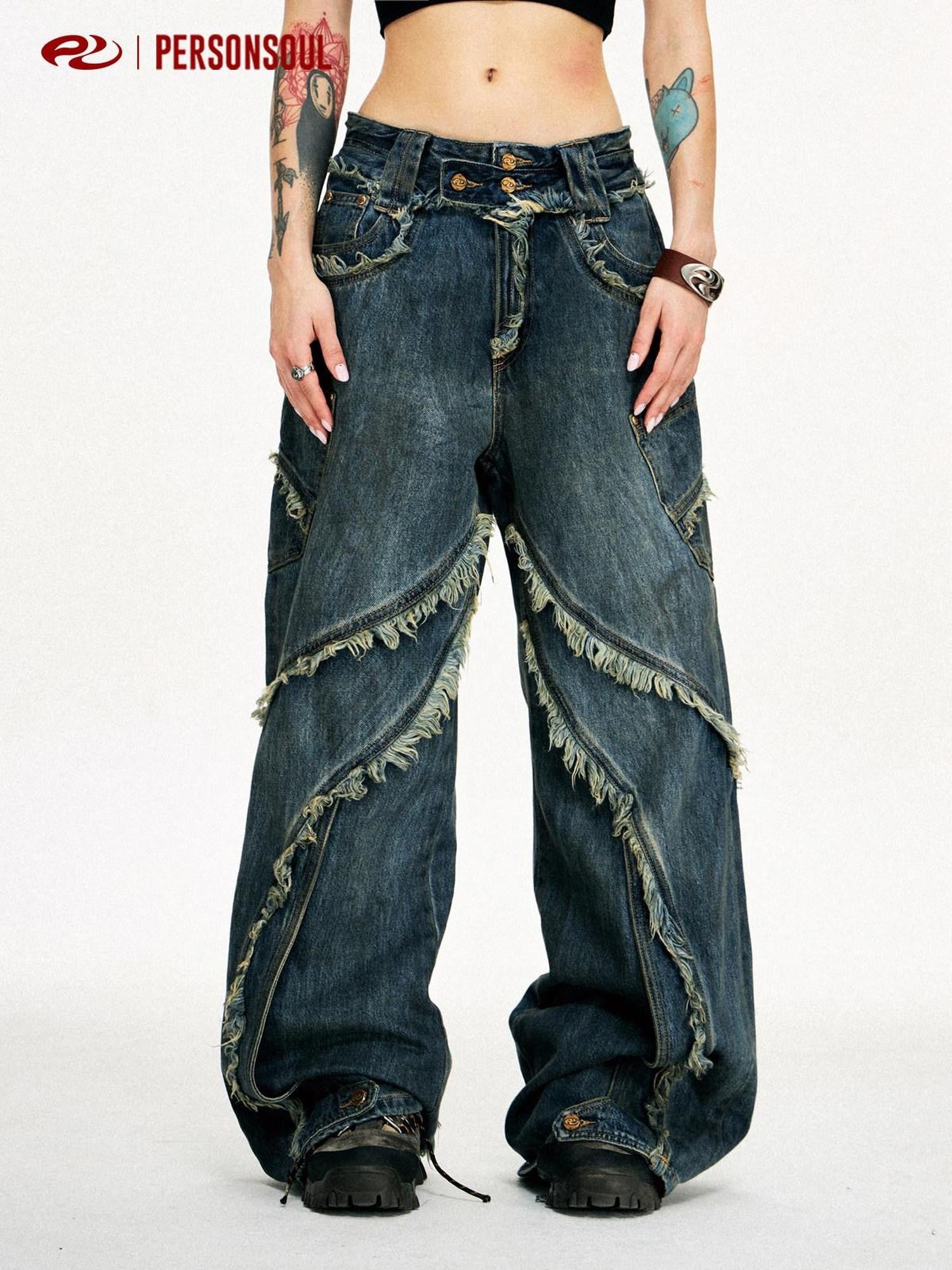 PERSONSOUL Gold Tie Dye Fluid Structure Raw Hem Women's Cotton Wide-leg Jeans