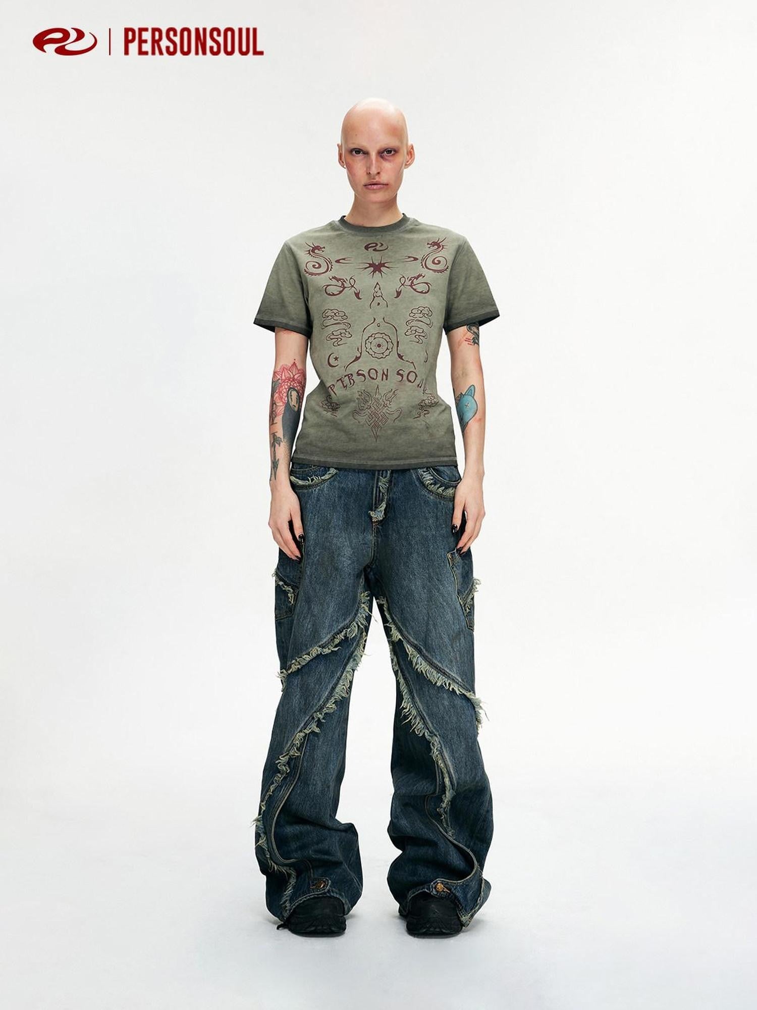 PERSONSOUL Gold Tie Dye Fluid Structure Raw Hem Women's Cotton Wide-leg Jeans