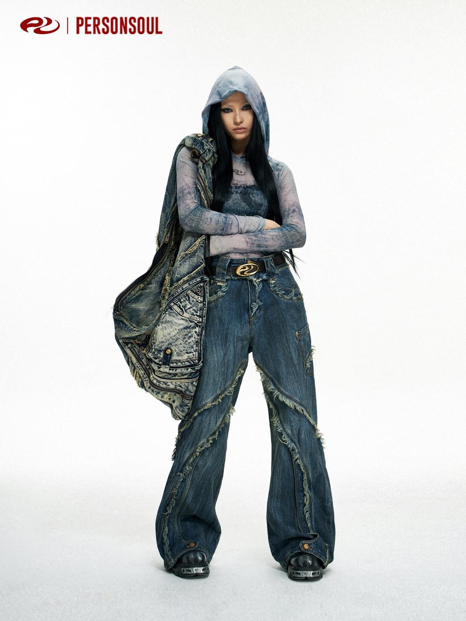 PERSONSOUL Gold Tie Dye Fluid Structure Raw Hem Women's Cotton Wide-leg Jeans