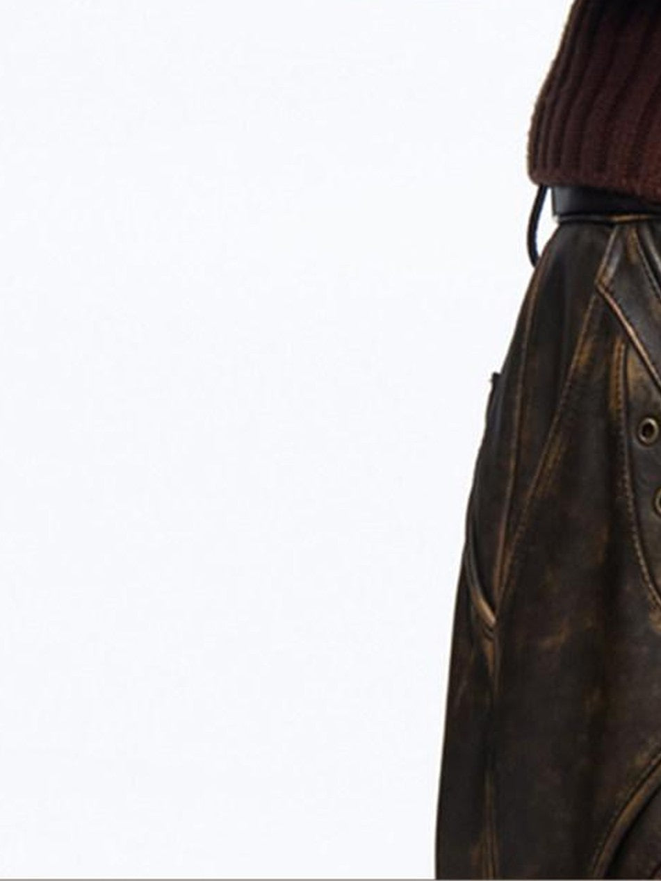 PERSONSOUL Laser Etched Leopard Print Cinched Waist Women's Suede Cowhide Leather Jackets