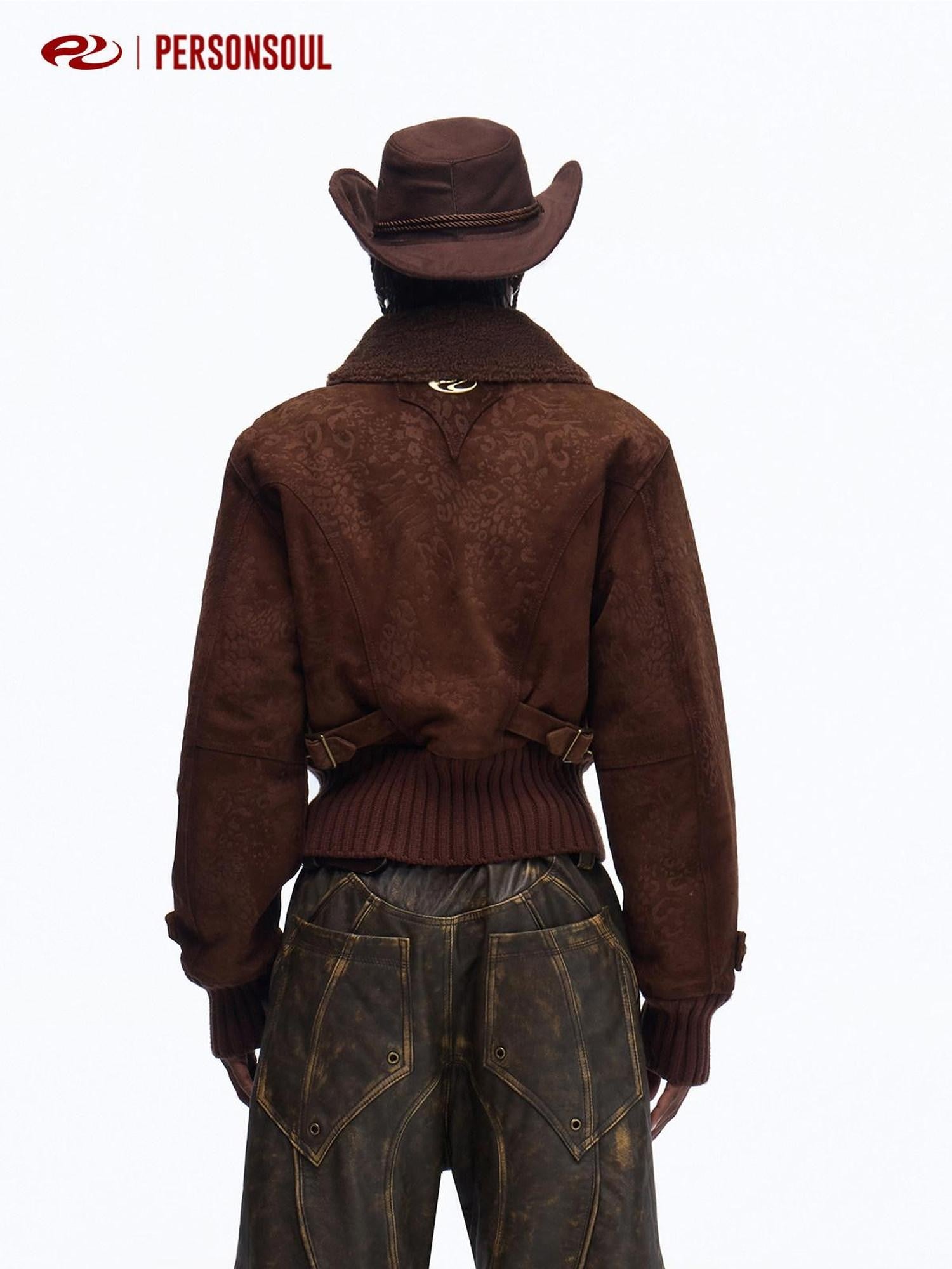 PERSONSOUL Laser Etched Leopard Print Cinched Waist Women's Suede Cowhide Leather Jackets