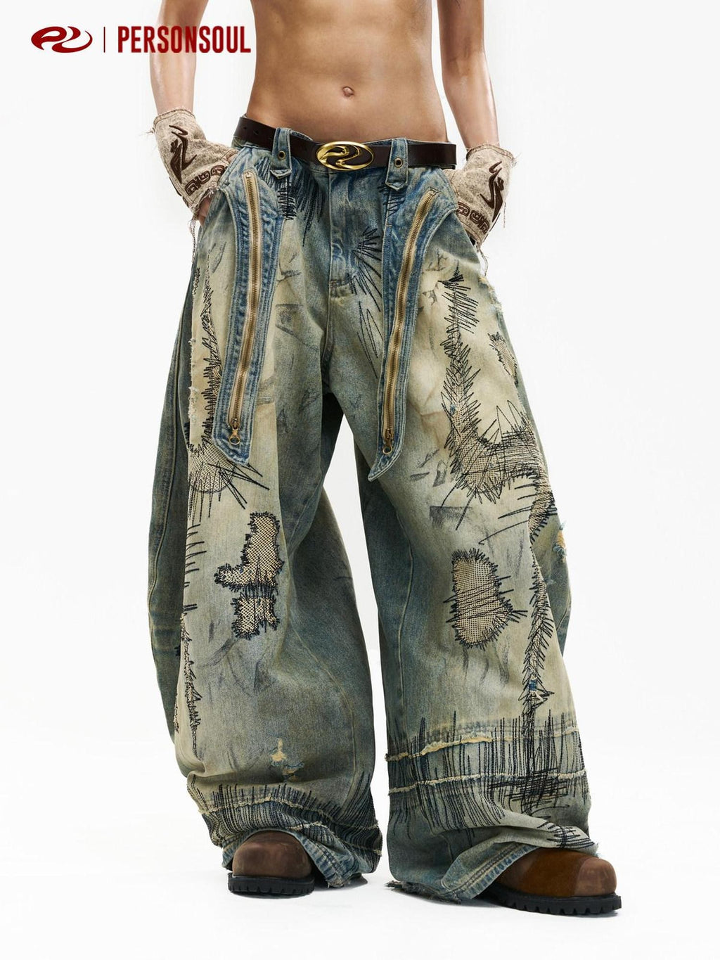 PERSONSOUL Paint Splatter Patch Embroidery Women's Denim Wide-leg Jeans