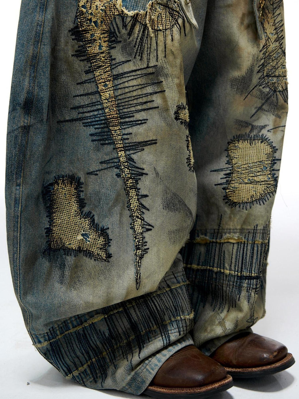 PERSONSOUL Paint Splatter Patch Embroidery Women's Denim Wide-leg Jeans
