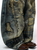 PERSONSOUL Paint Splatter Patch Embroidery Women's Denim Wide-leg Jeans