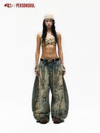 PERSONSOUL Paint Splatter Patch Embroidery Women's Denim Wide-leg Jeans