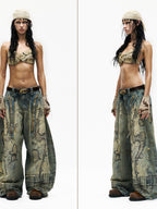 PERSONSOUL Paint Splatter Patch Embroidery Women's Denim Wide-leg Jeans