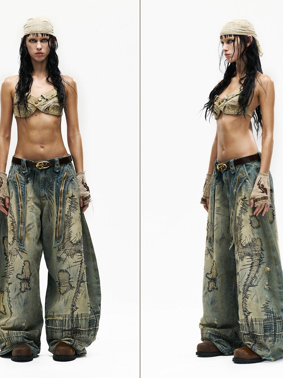 PERSONSOUL Paint Splatter Patch Embroidery Women's Denim Wide-leg Jeans