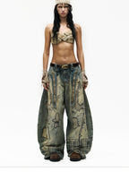 PERSONSOUL Paint Splatter Patch Embroidery Women's Denim Wide-leg Jeans
