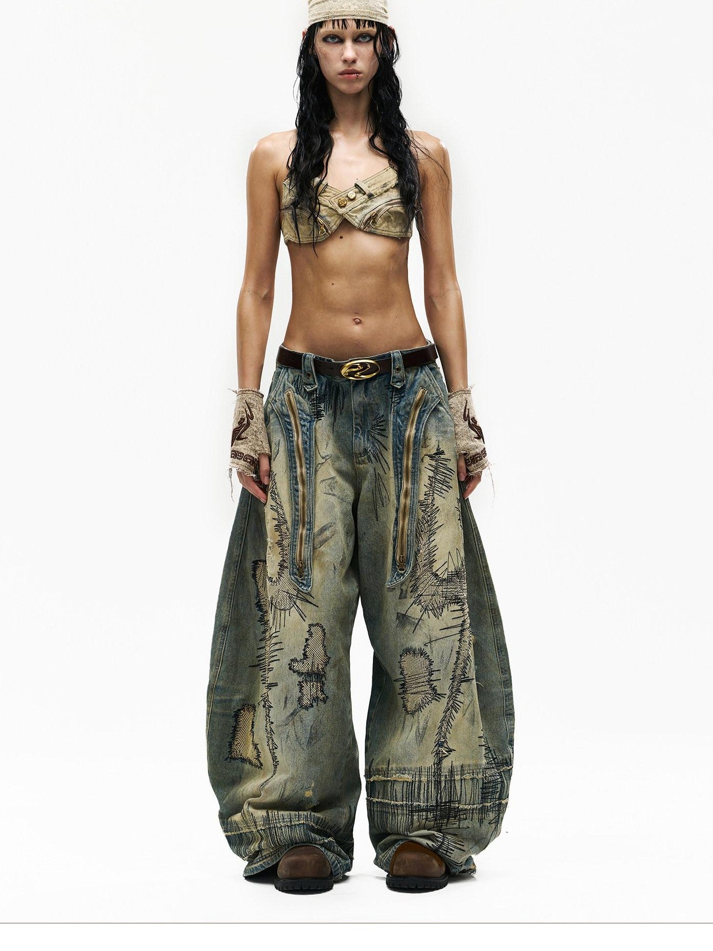 PERSONSOUL Paint Splatter Patch Embroidery Women's Denim Wide-leg Jeans