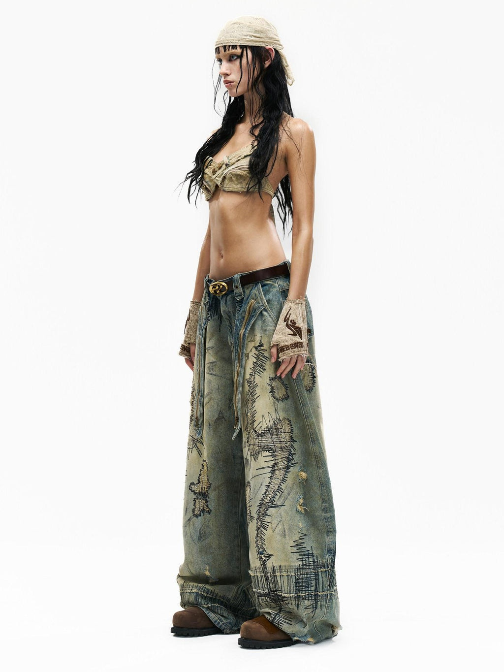 PERSONSOUL Paint Splatter Patch Embroidery Women's Denim Wide-leg Jeans