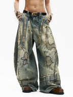 PERSONSOUL Paint Splatter Patch Embroidery Women's Denim Wide-leg Jeans