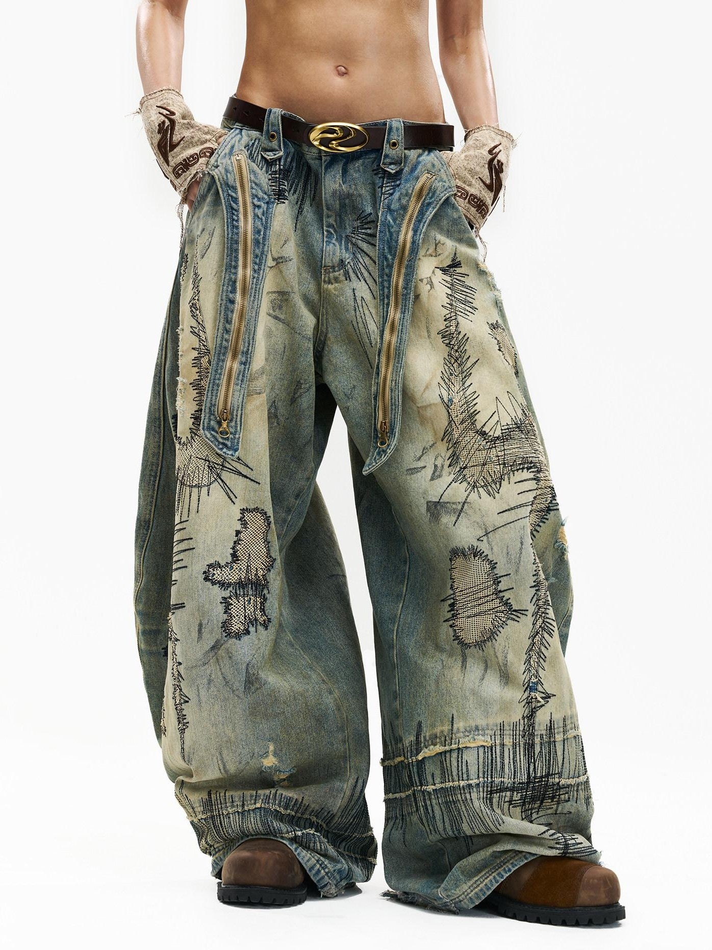 PERSONSOUL Paint Splatter Patch Embroidery Women's Denim Wide-leg Jeans