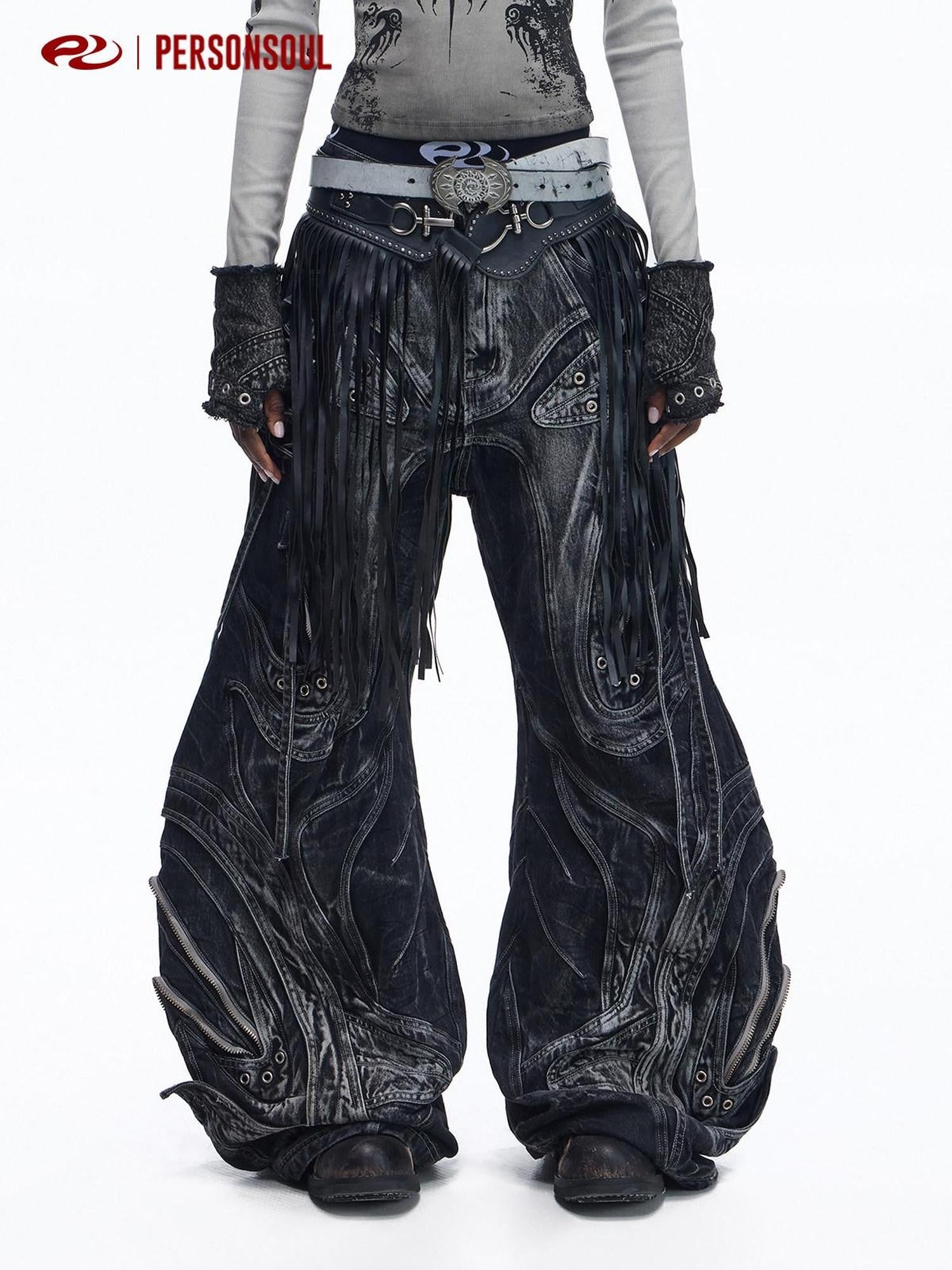 PERSONSOUL Patchwork Drawstring Distressed Metal Trim Women's Cotton Wide-leg Jeans