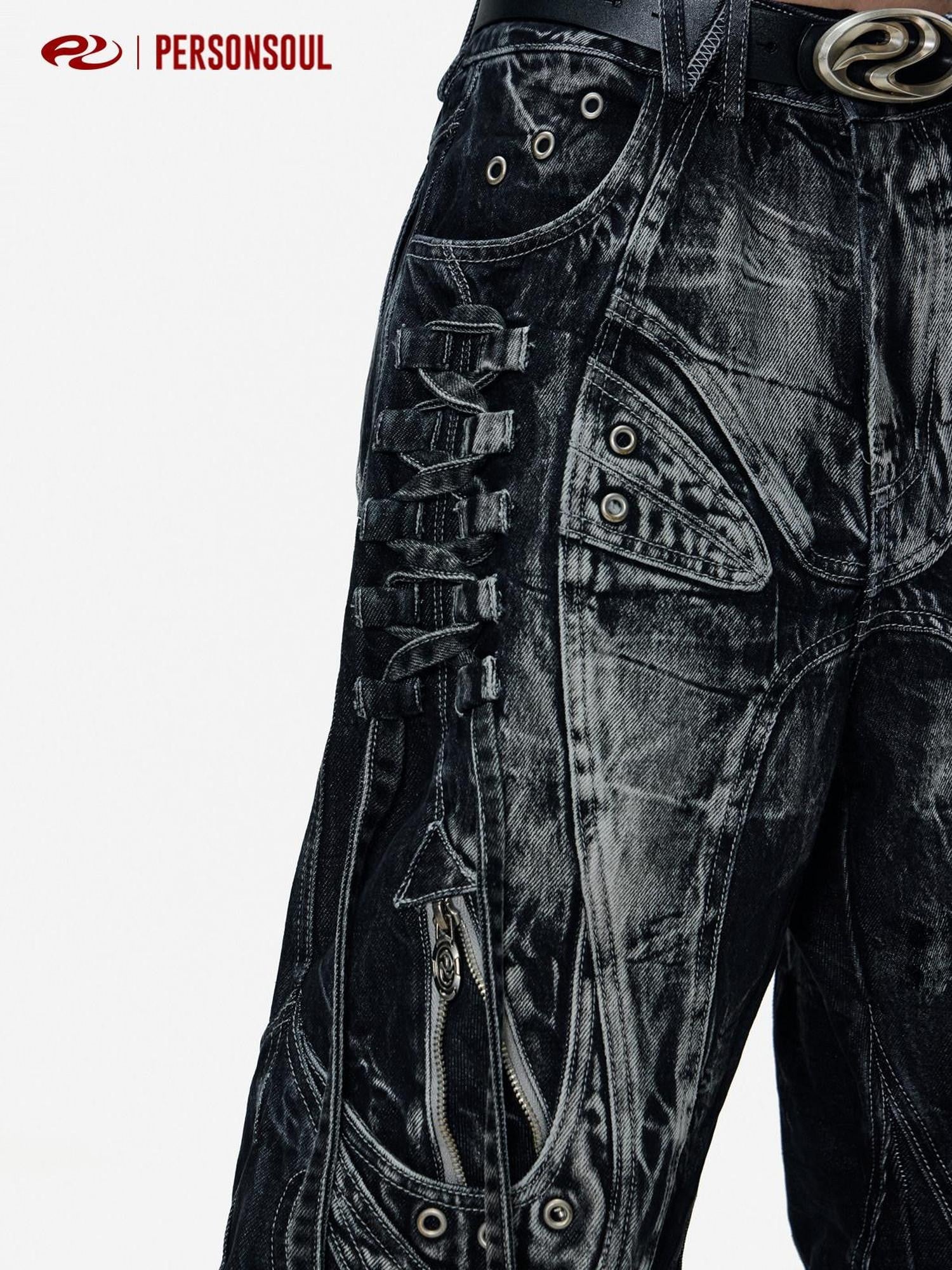 PERSONSOUL Patchwork Drawstring Distressed Metal Trim Women's Cotton Wide-leg Jeans
