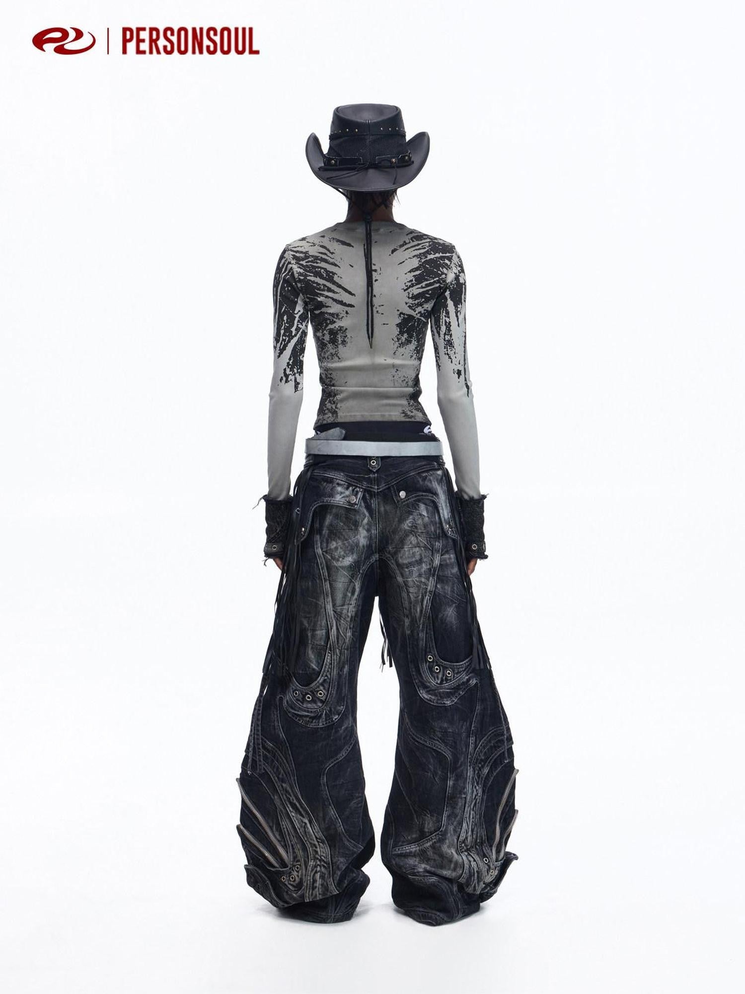 PERSONSOUL Patchwork Drawstring Distressed Metal Trim Women's Cotton Wide-leg Jeans