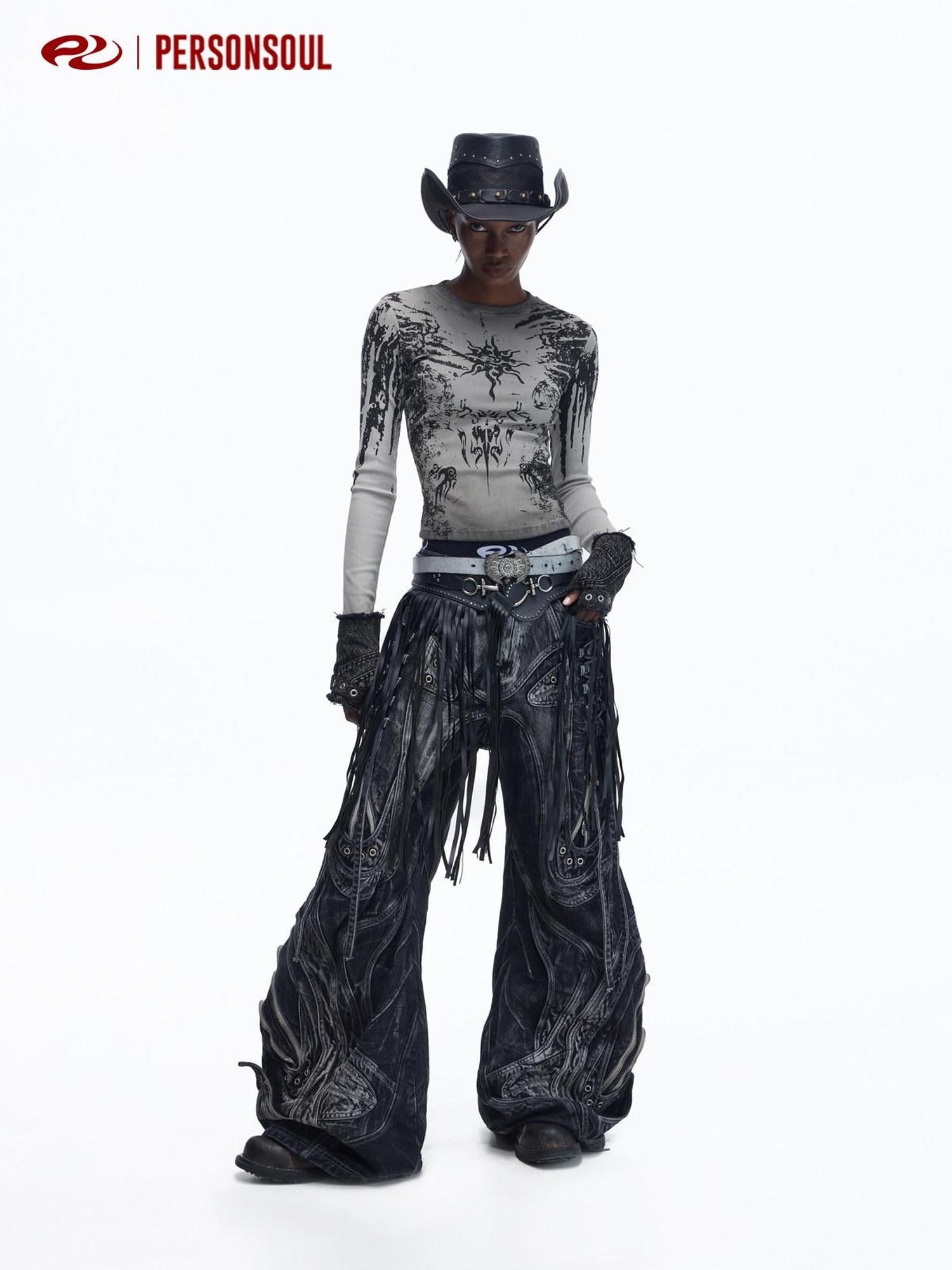 PERSONSOUL Patchwork Drawstring Distressed Metal Trim Women's Cotton Wide-leg Jeans