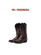 PERSONSOUL Patterned Embroidered Water Dyed Women's Cowhide Wedge Mid Calf Pointed Boots