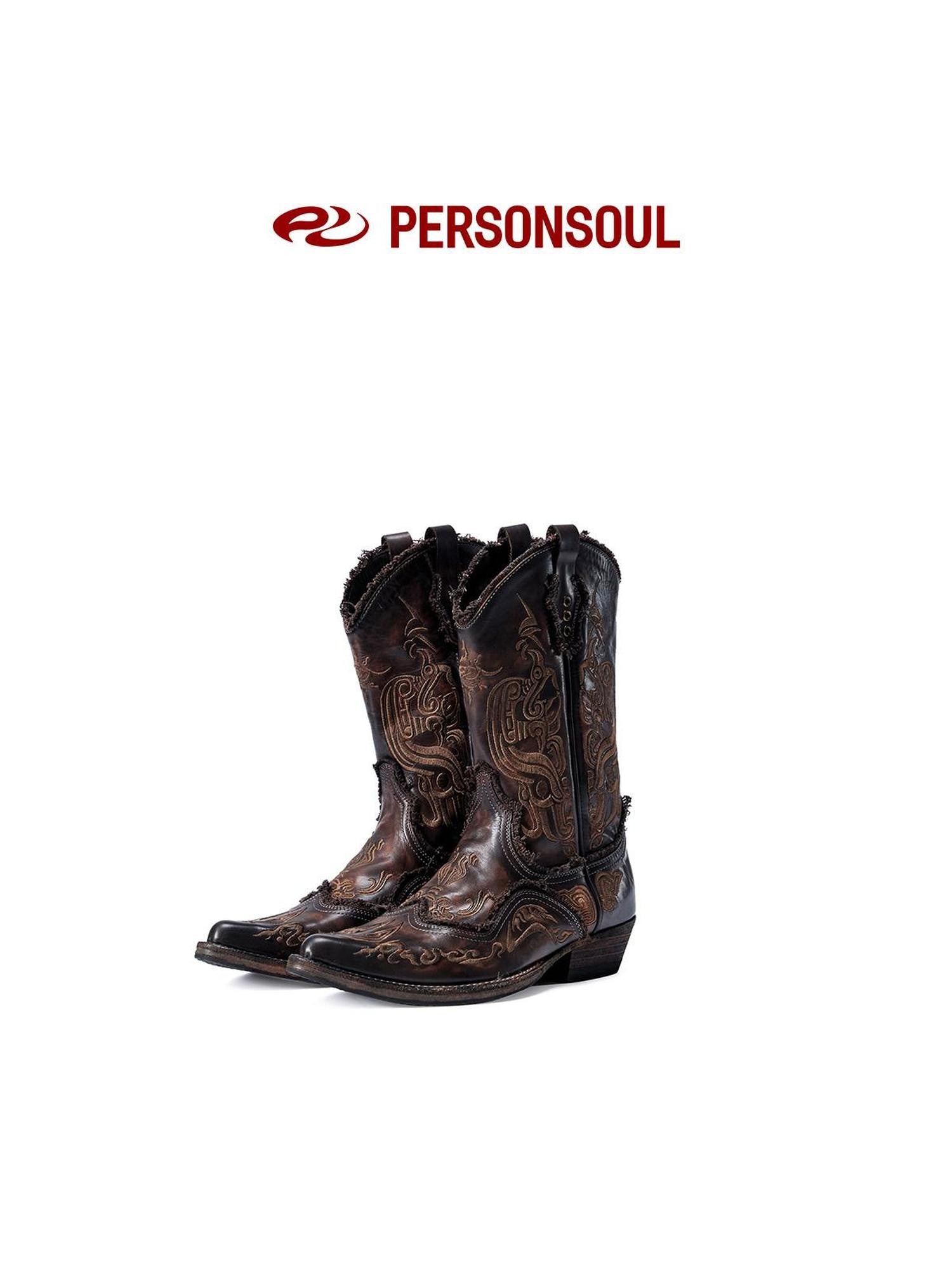 PERSONSOUL Patterned Embroidered Water Dyed Women's Cowhide Wedge Mid Calf Pointed Boots
