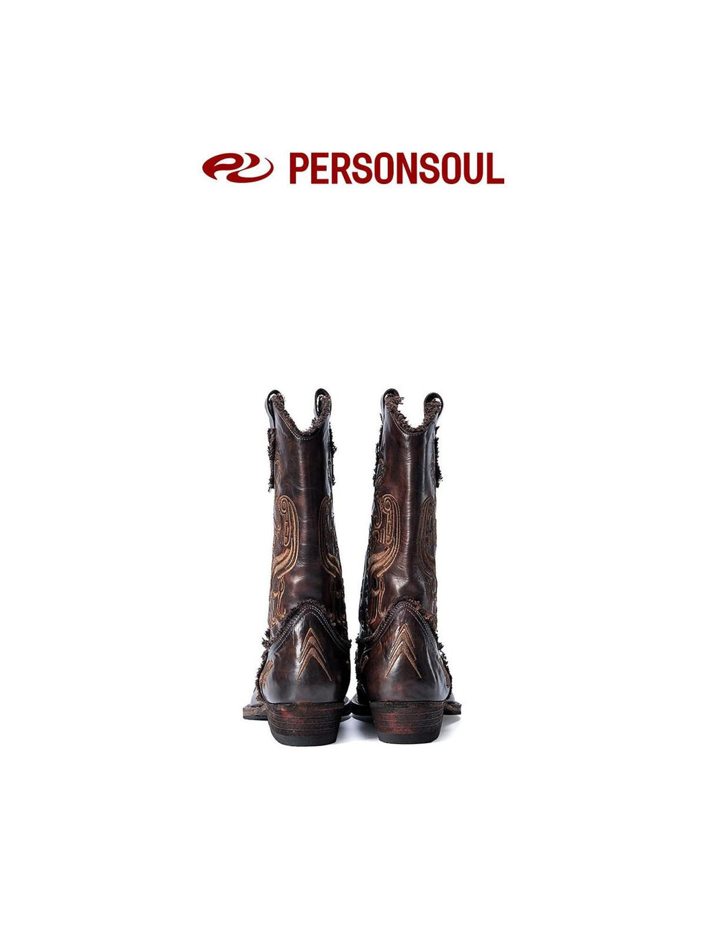 PERSONSOUL Patterned Embroidered Water Dyed Women's Cowhide Wedge Mid Calf Pointed Boots