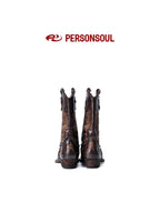 PERSONSOUL Patterned Embroidered Water Dyed Women's Cowhide Wedge Mid Calf Pointed Boots