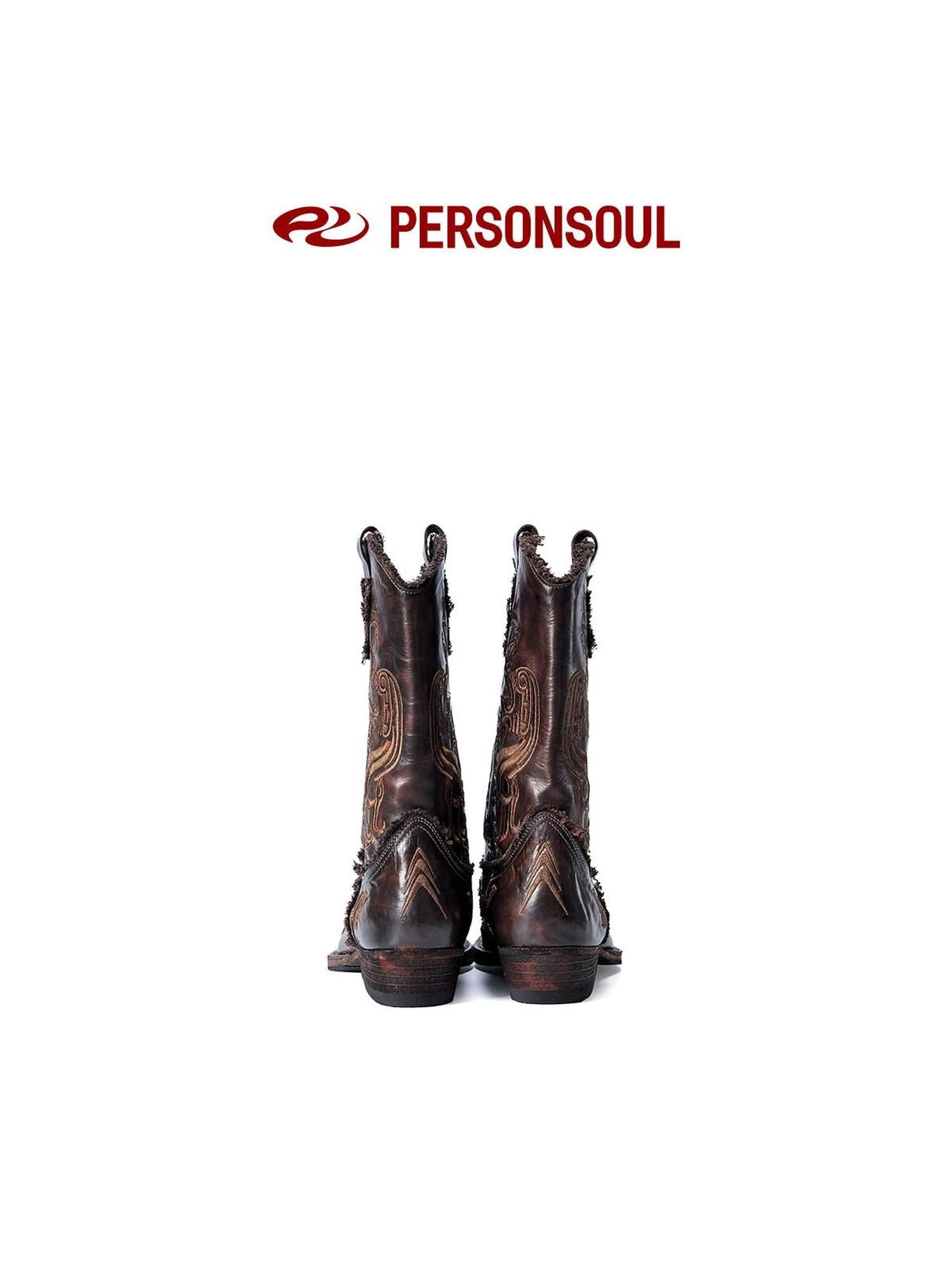 PERSONSOUL Patterned Embroidered Water Dyed Women's Cowhide Wedge Mid Calf Pointed Boots