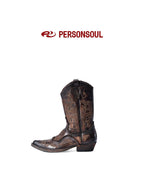 PERSONSOUL Patterned Embroidered Water Dyed Women's Cowhide Wedge Mid Calf Pointed Boots