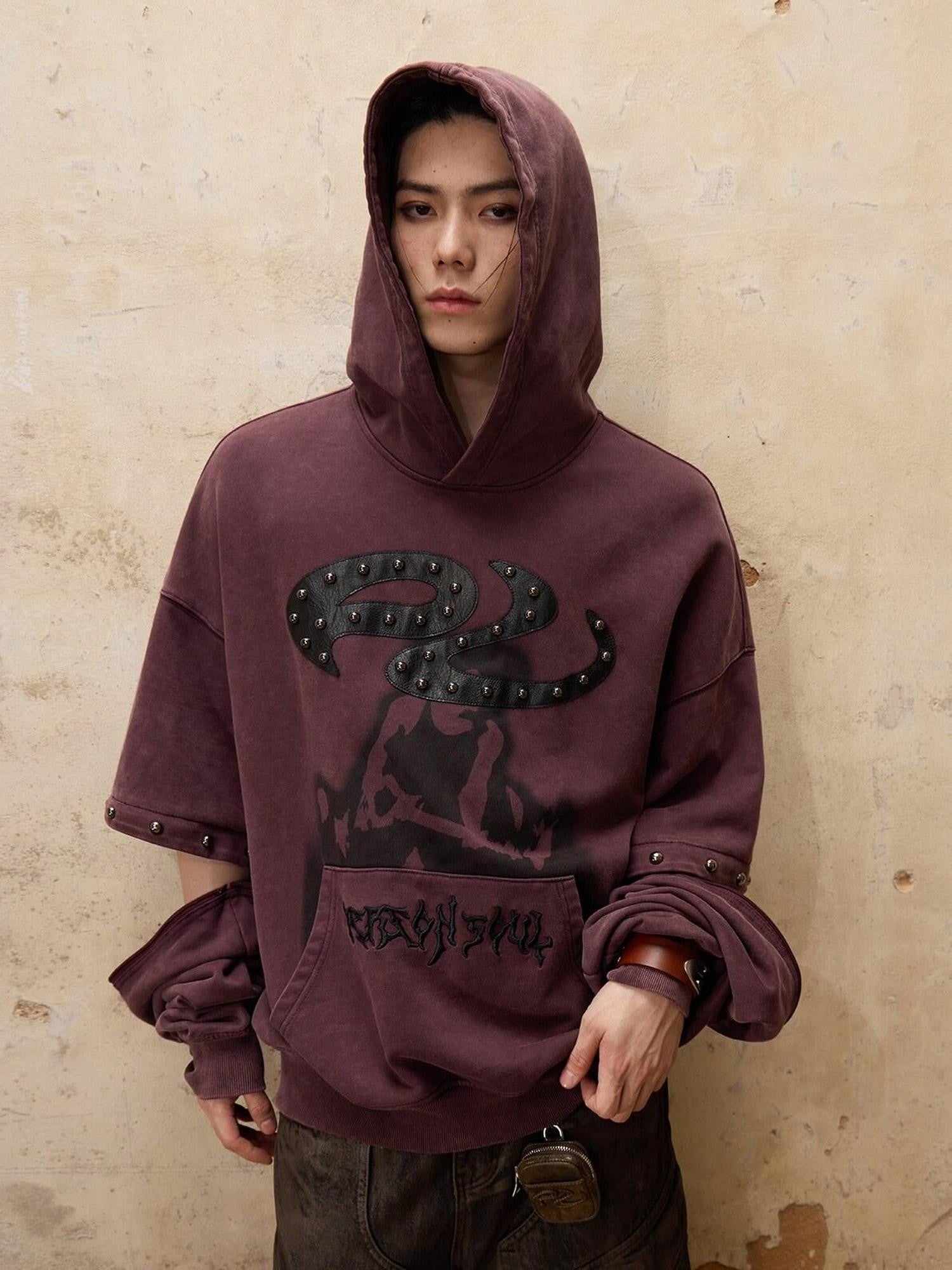 PERSONSOUL Punk Studded Embroidered Detachable Sleeves Women's Cotton Hoodies