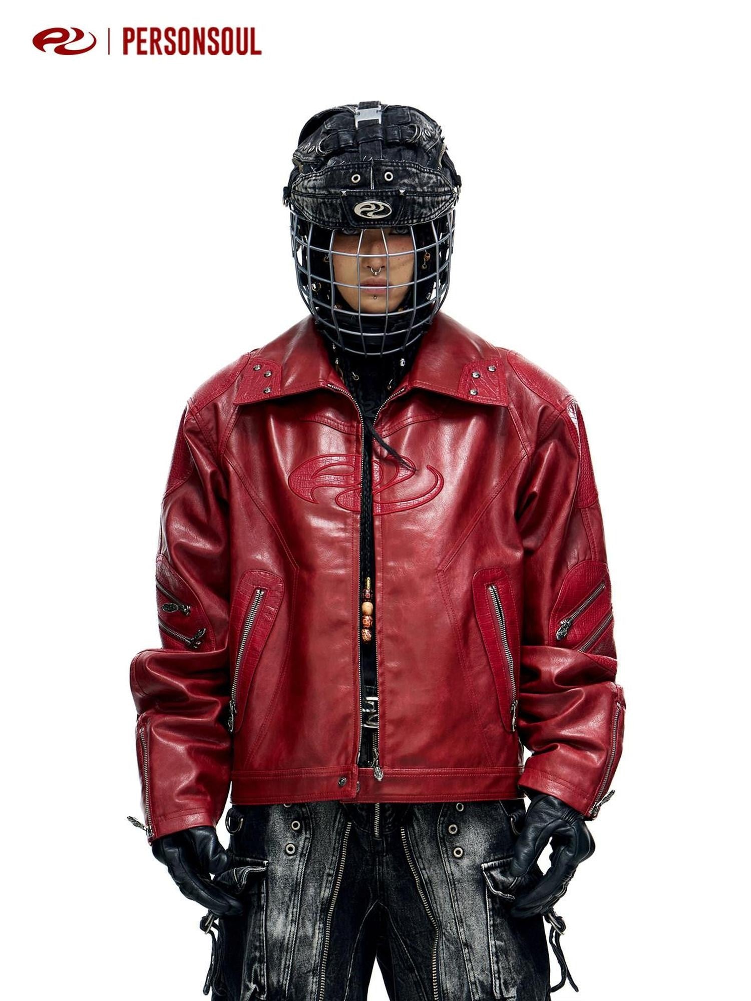 PERSONSOUL Red Crocodile Embossed 3d Symbol Splice Lapel Zipper Women's Pu Leather Jackets