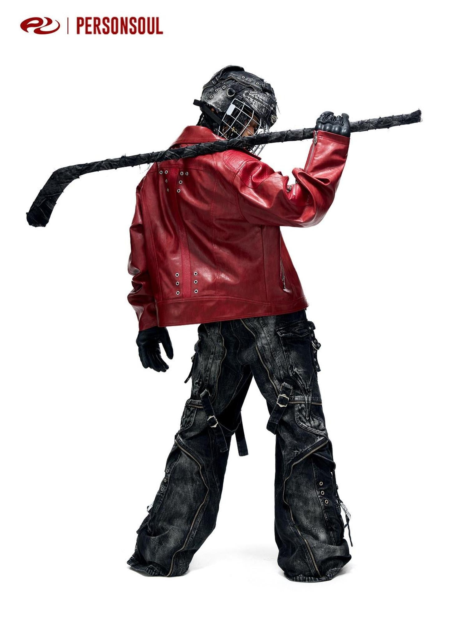 PERSONSOUL Red Crocodile Embossed 3d Symbol Splice Lapel Zipper Women's Pu Leather Jackets