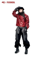 PERSONSOUL Red Crocodile Embossed 3d Symbol Splice Lapel Zipper Women's Pu Leather Jackets