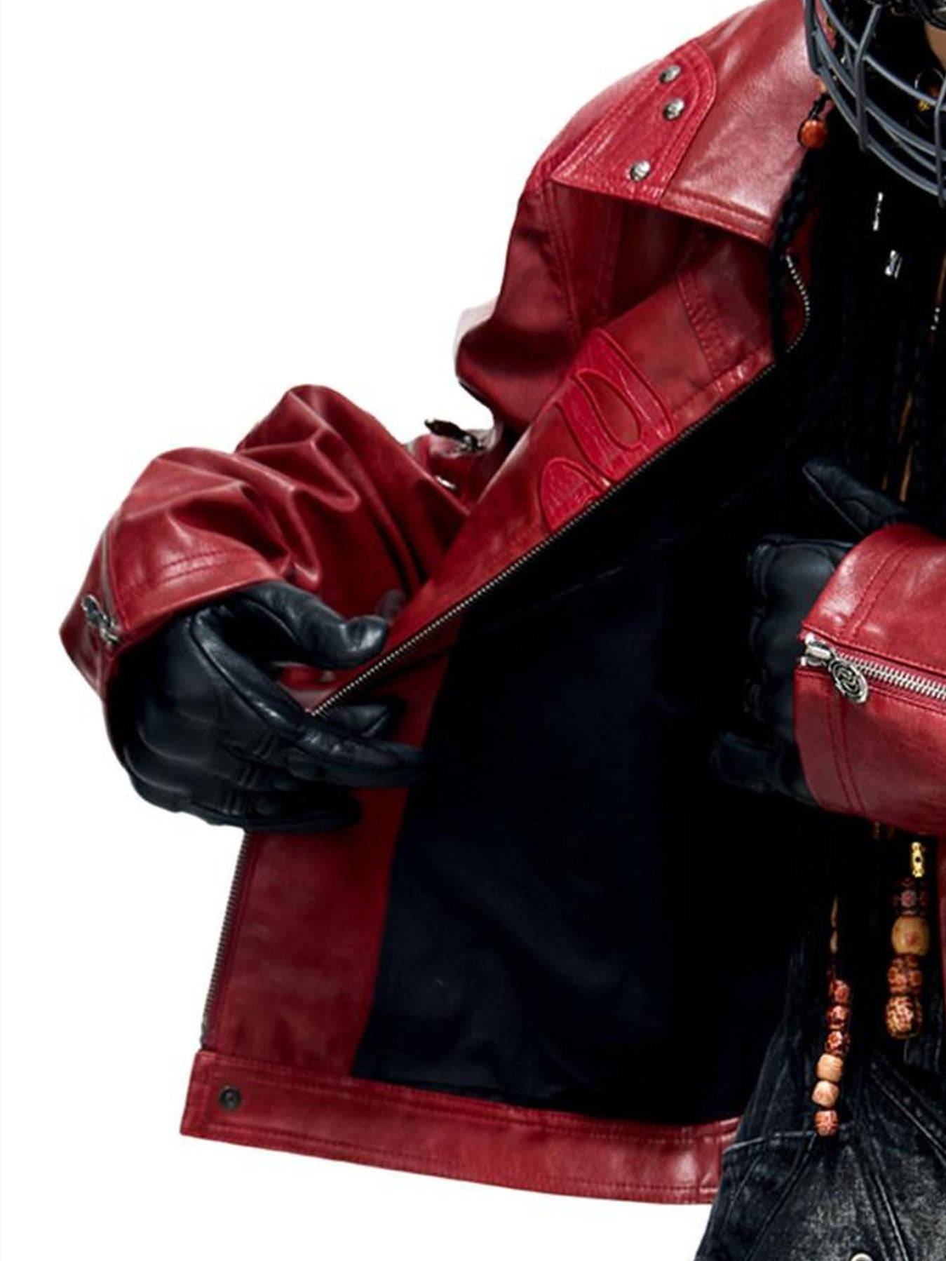 PERSONSOUL Red Crocodile Embossed 3d Symbol Splice Lapel Zipper Women's Pu Leather Jackets