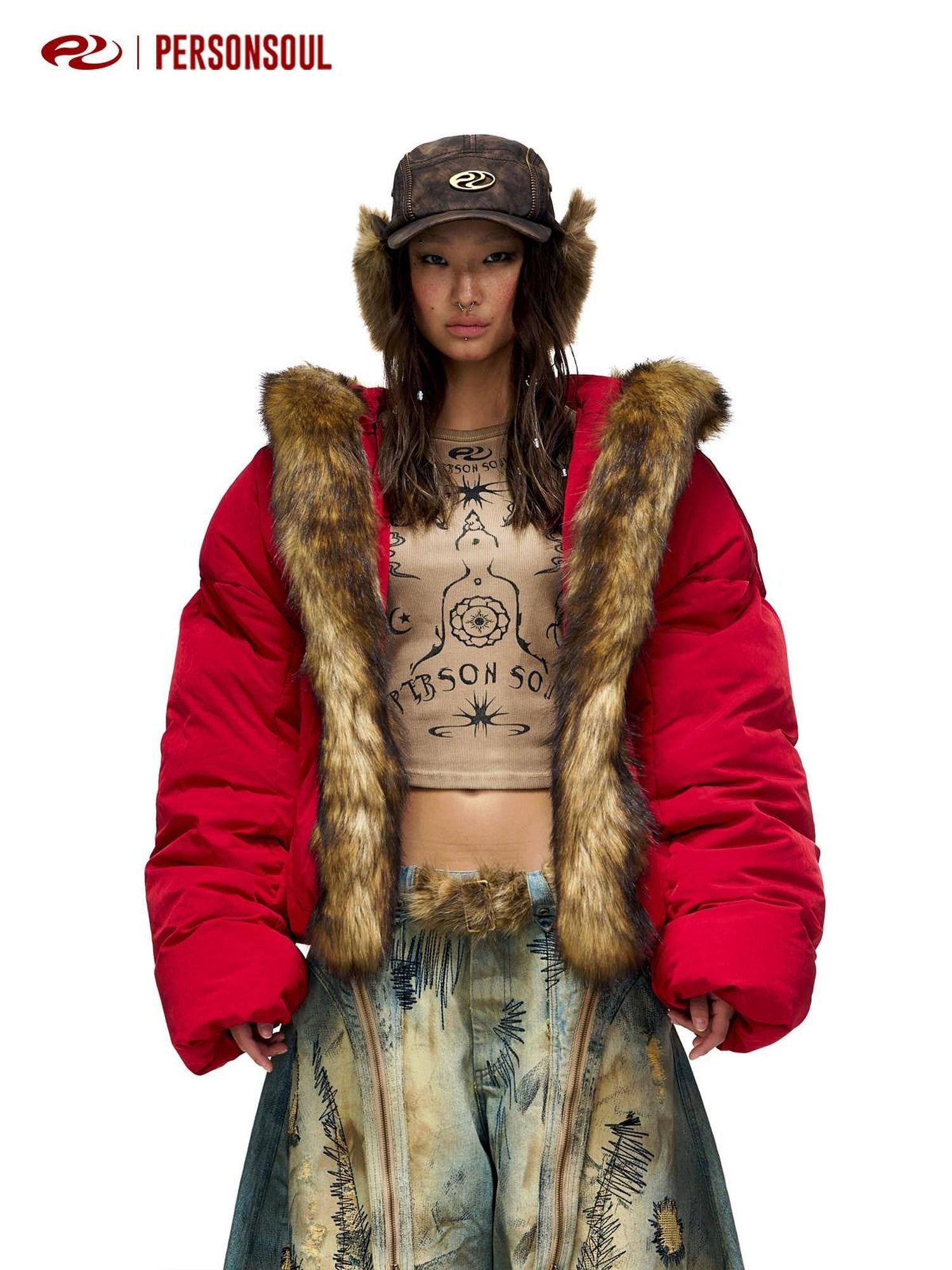 PERSONSOUL Red Totem Embroidery Fur Collar Hooded Women's White Duck Down Down Jackets