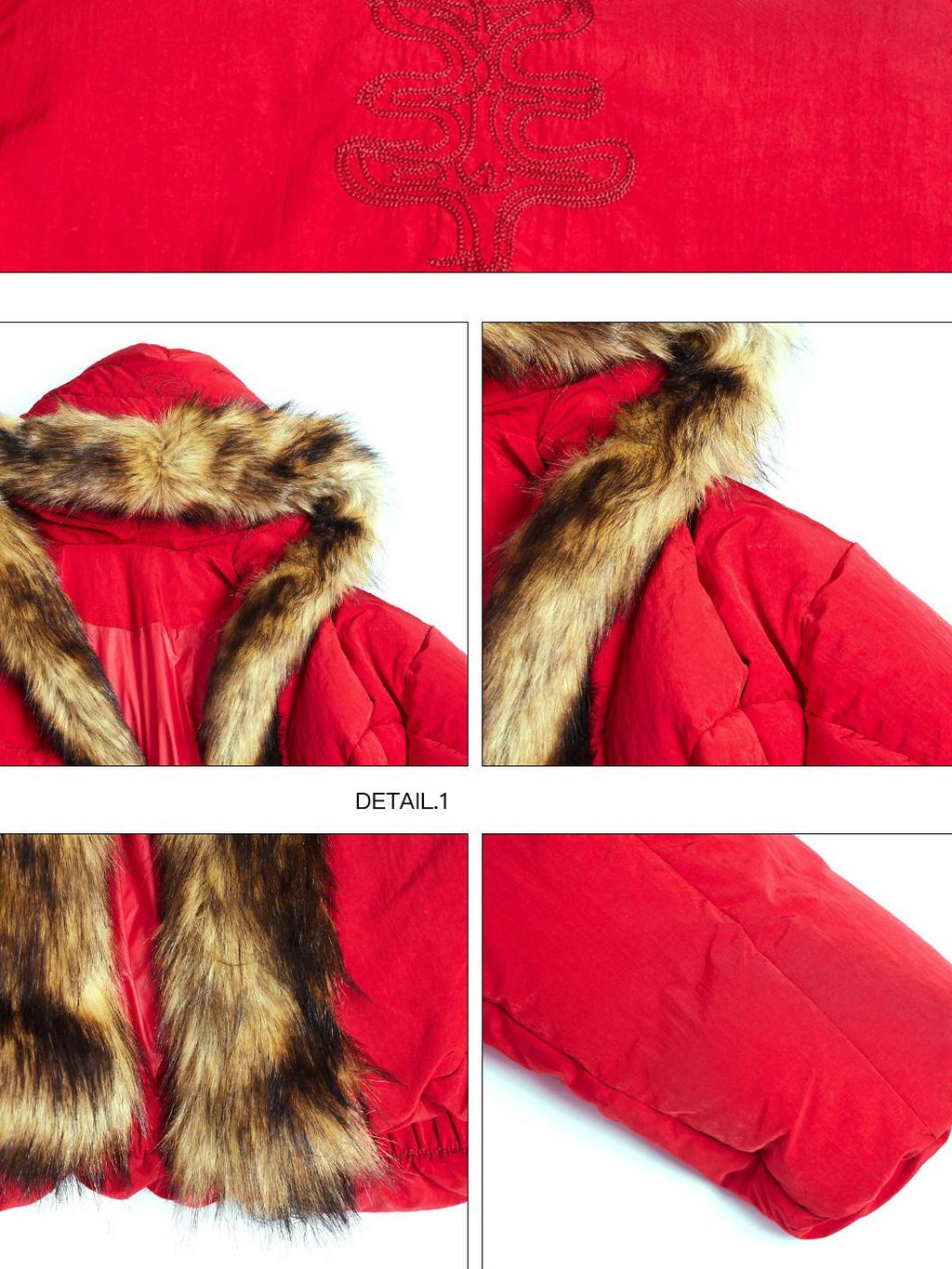 PERSONSOUL Red Totem Embroidery Fur Collar Hooded Women's White Duck Down Down Jackets