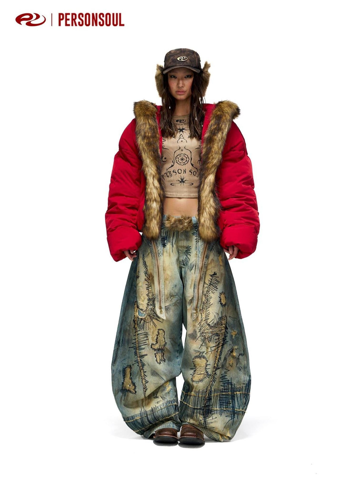 PERSONSOUL Red Totem Embroidery Fur Collar Hooded Women's White Duck Down Down Jackets